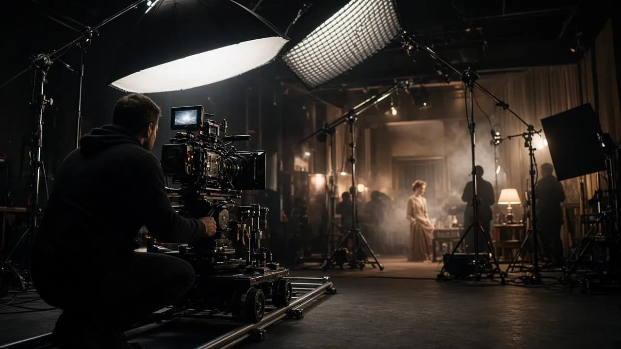 Behind the scenes: camera operator on a dolly track with lighting rigs