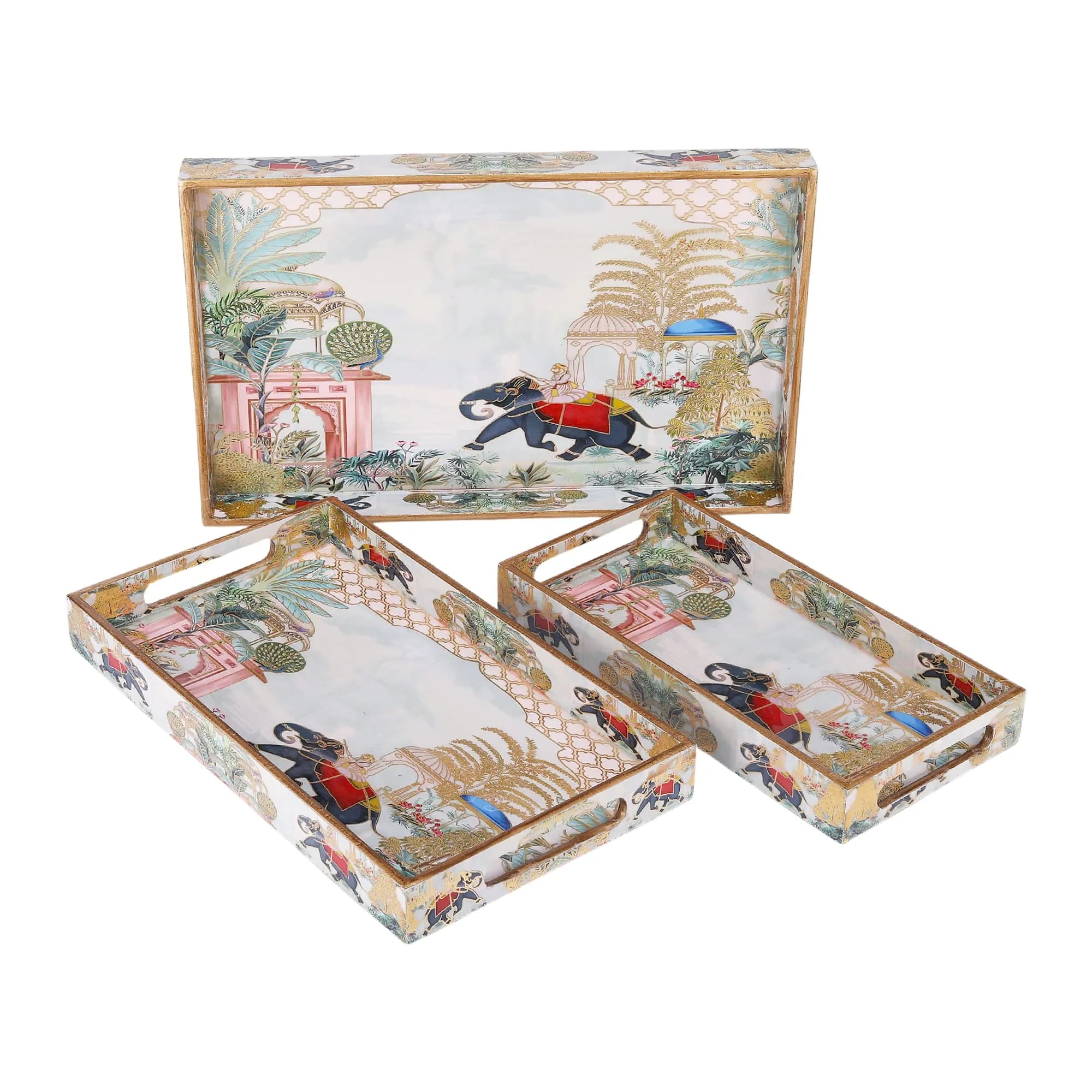 Set of three decorative trays with painted palace scenes