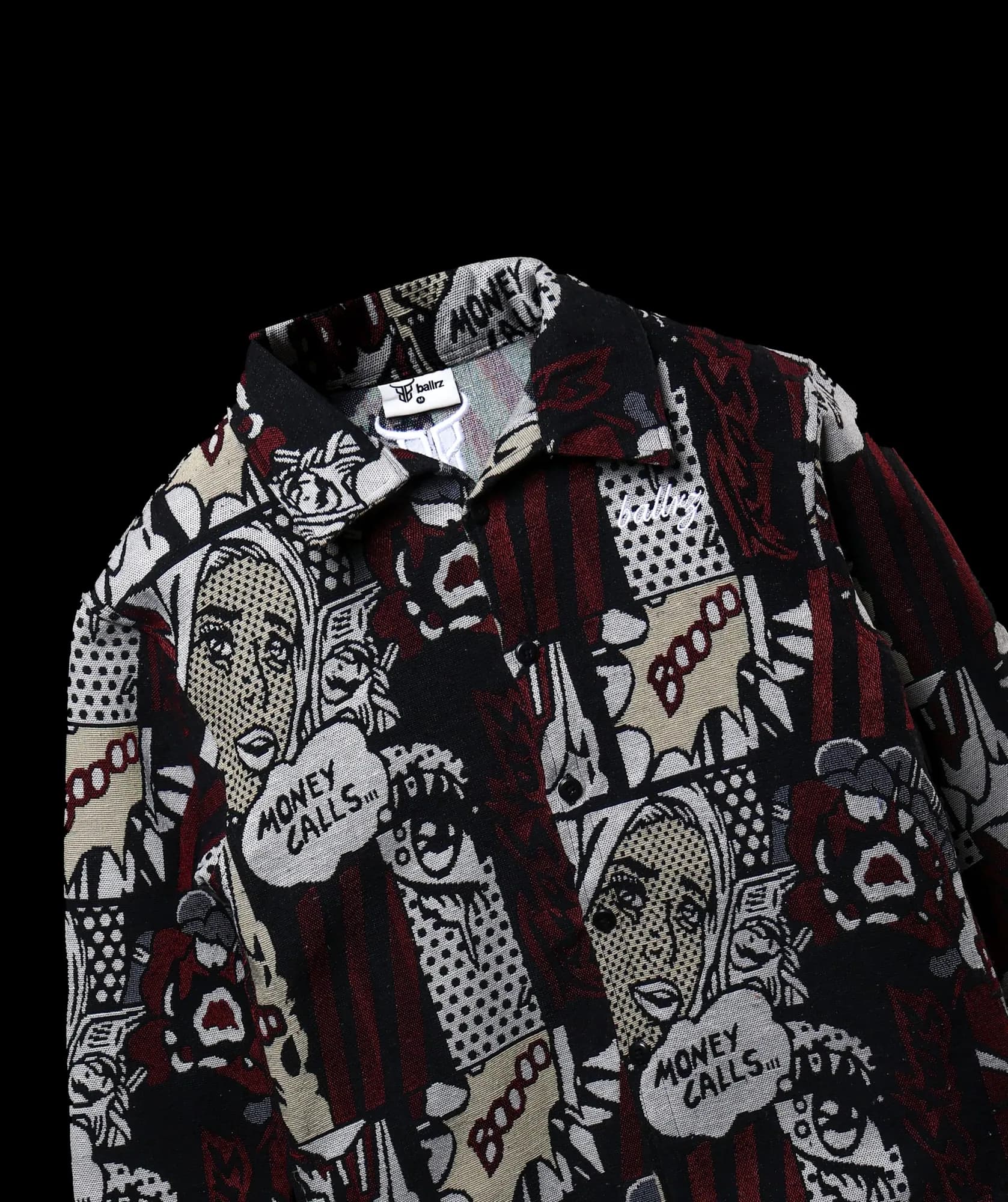 Pop-art printed jacket on black, close catalogue shot