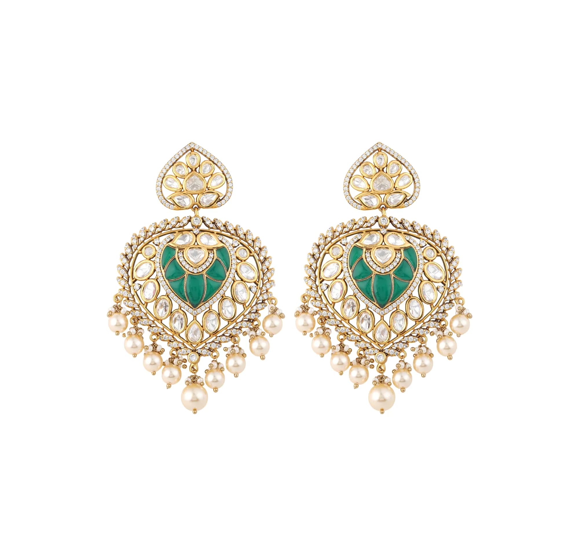 Pair of gold earrings with green enamel and pearl tassels