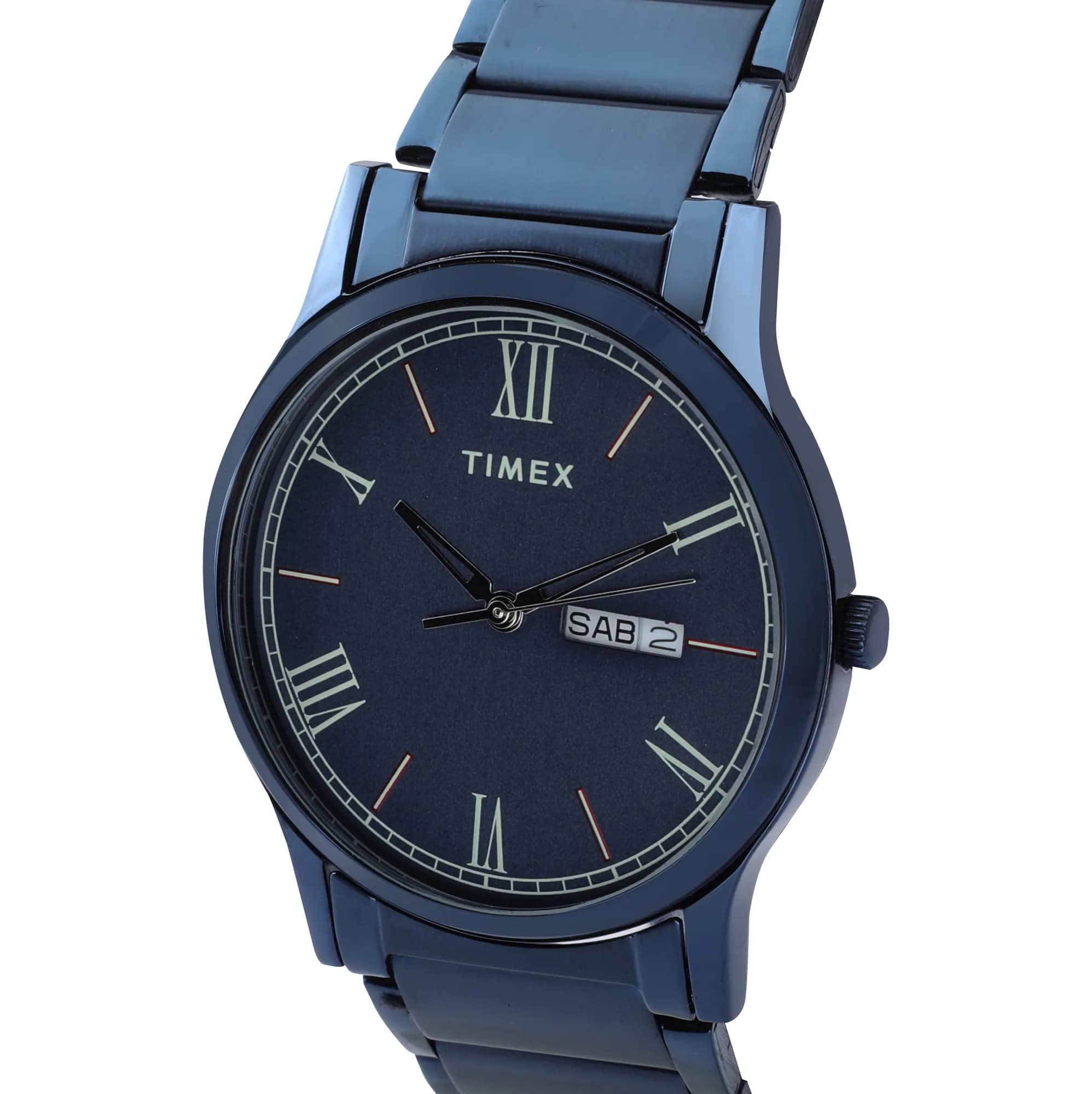 Blue-dial stainless steel wristwatch, close product shot